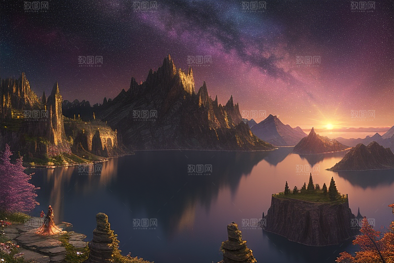 星空仙境湖泊中的超细节描绘