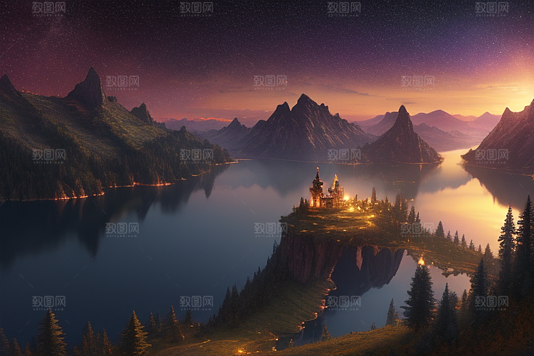 星空仙境湖泊中的超细节描绘