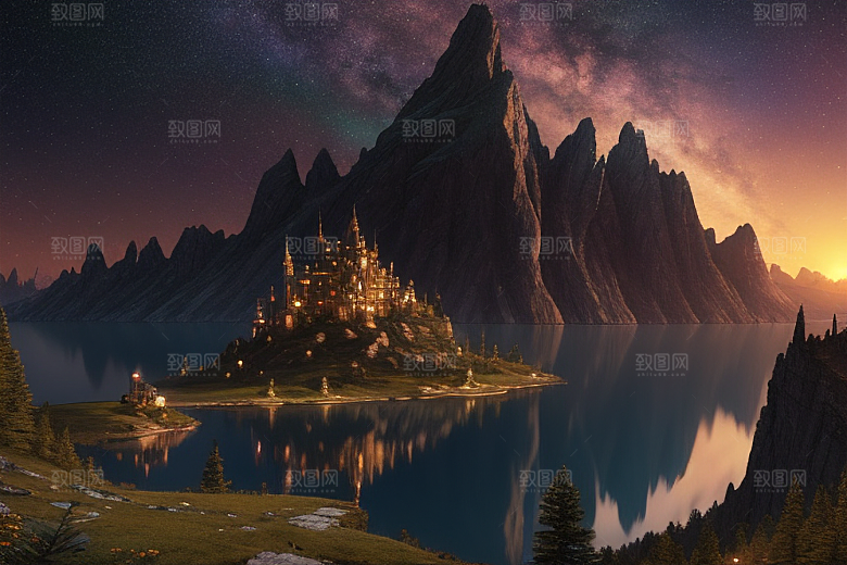 星空仙境湖泊中的超细节描绘