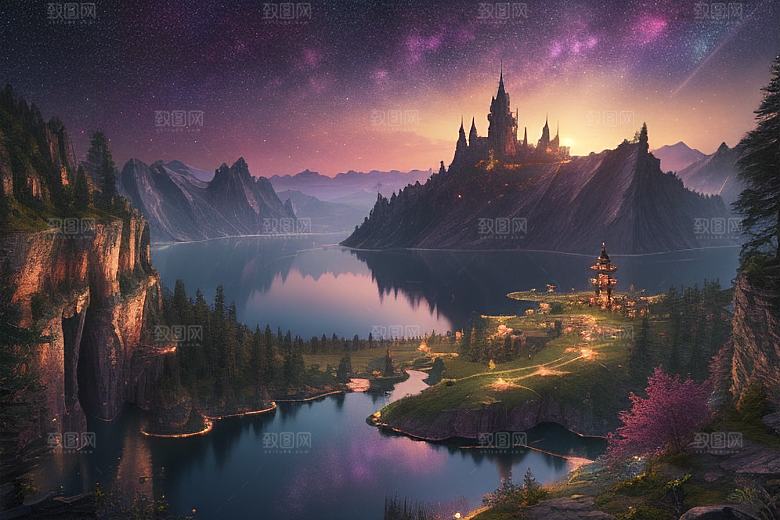 星空仙境湖泊中的超细节描绘