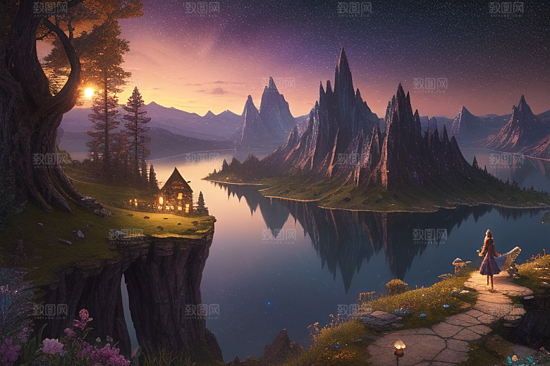 星空仙境湖泊中的超细节描绘
