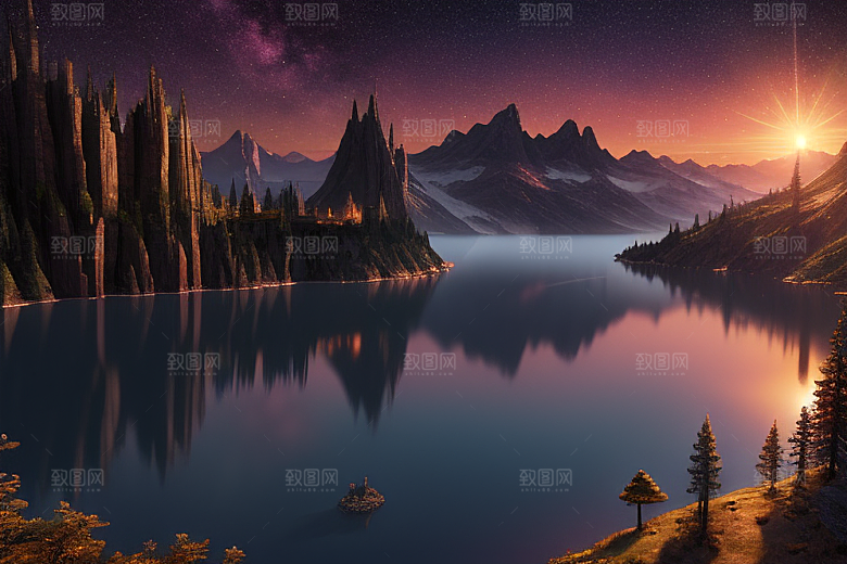 星空仙境湖泊中的超细节描绘