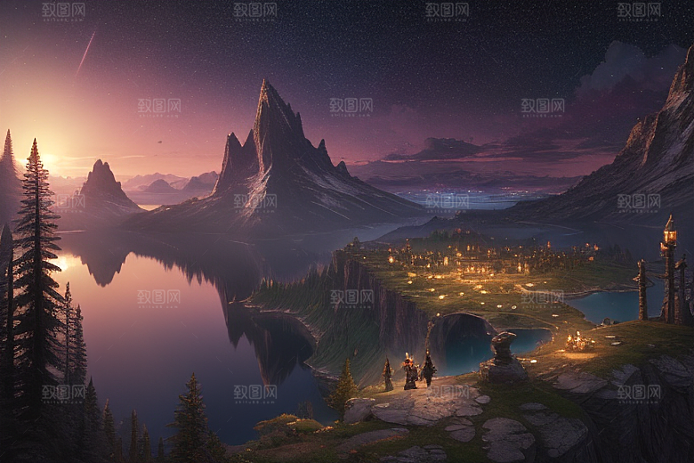 星空仙境湖泊中的超细节描绘
