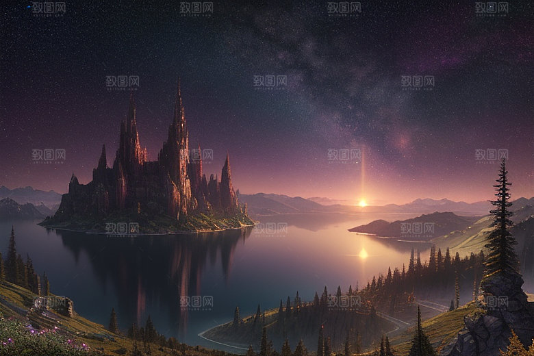 星空仙境湖泊中的超细节描绘