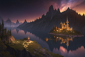 星空仙境湖泊中的超细节描绘
