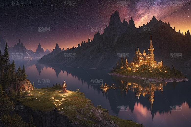 星空仙境湖泊中的超细节描绘