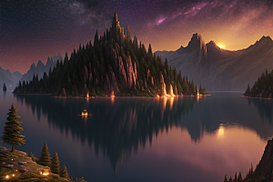 梦幻童话湖泊中的奇幻景色