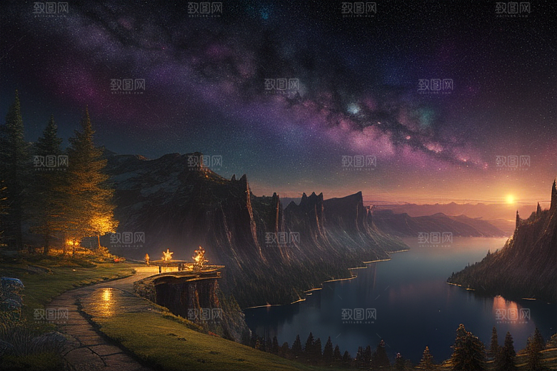 神秘光影湖光山色中的幻觉效果