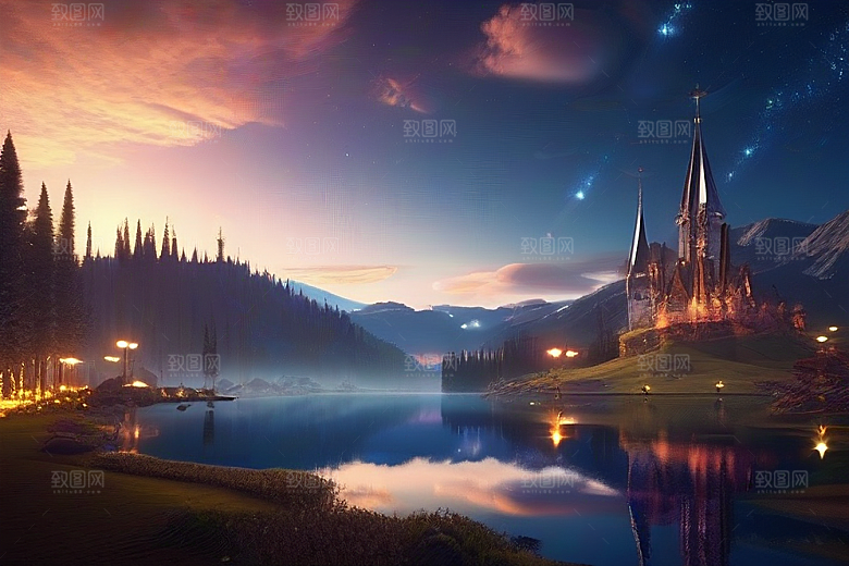 神秘光影湖光山色中的幻觉效果