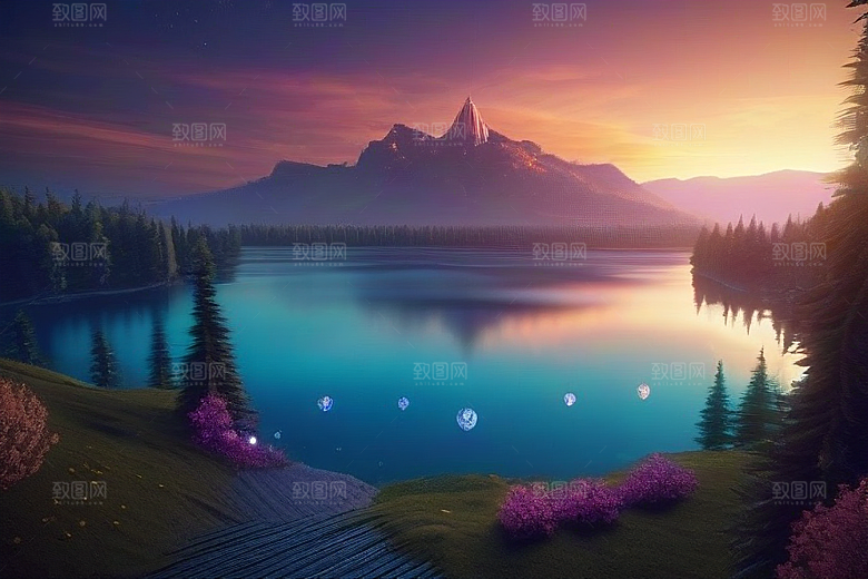 神秘光影湖光山色中的幻觉效果
