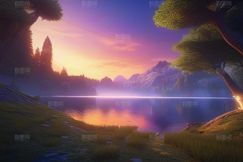 日落童话湖泊中的幻想世界