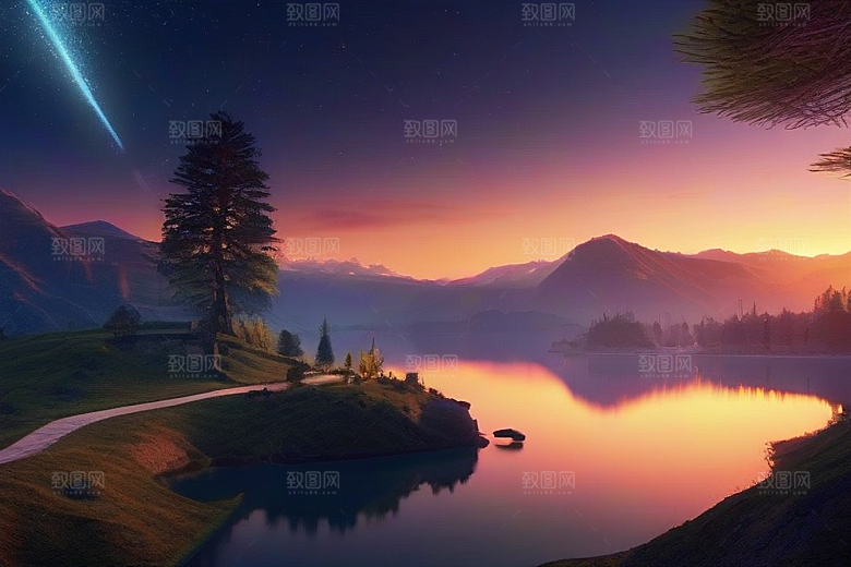 日落童话湖泊中的幻想世界