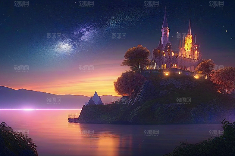 日落童话湖泊中的幻想世界