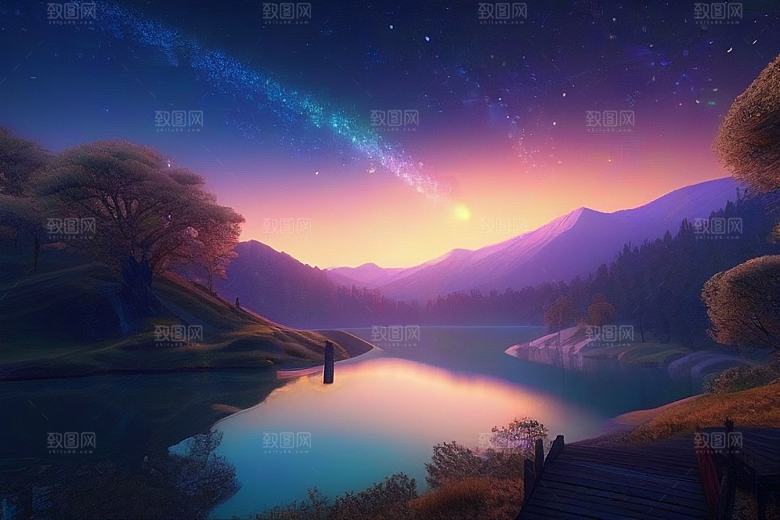 日落童话湖泊中的幻想世界