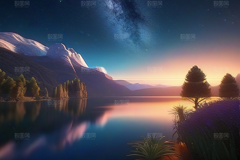 日落童话湖泊中的幻想世界
