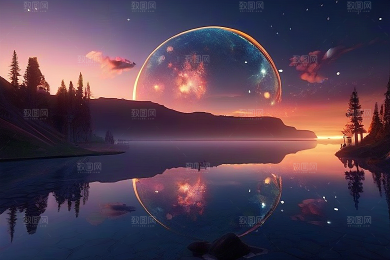 日落童话湖泊中的幻想世界