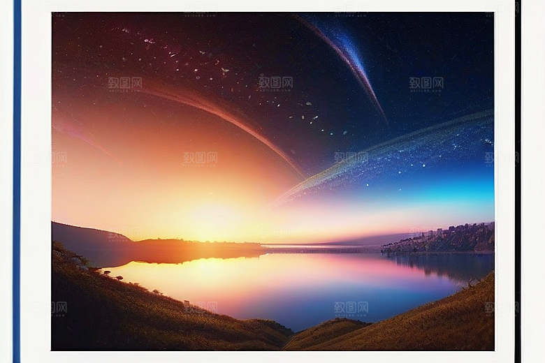 日落童话湖泊中的幻想世界