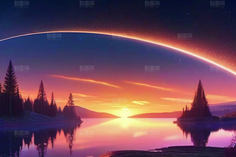 日落童话湖泊中的幻想世界
