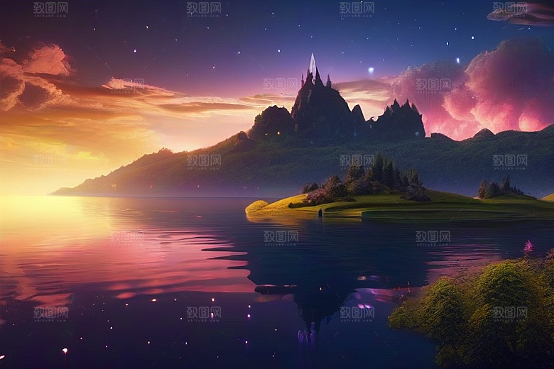 日落童话湖泊中的幻想世界