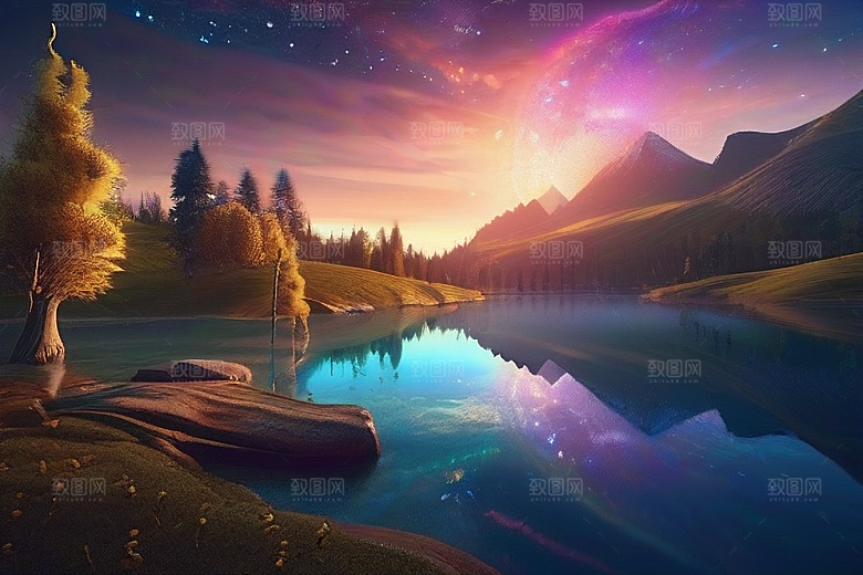 日落童话湖泊中的幻想世界