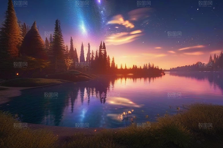 日落童话湖泊中的幻想世界