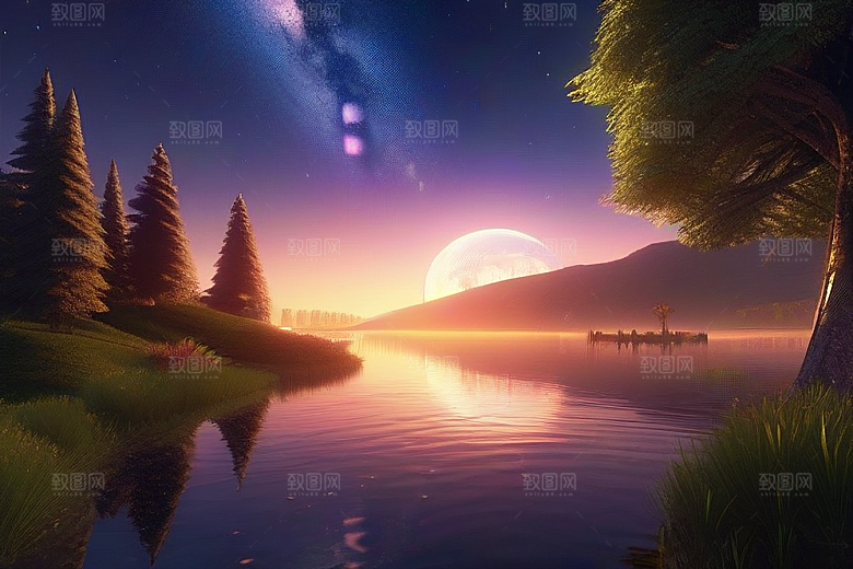 日落童话湖泊中的幻想世界