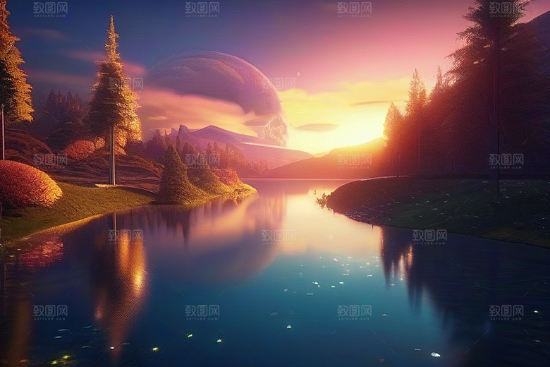 奇幻之景湖泊中的细腻描绘