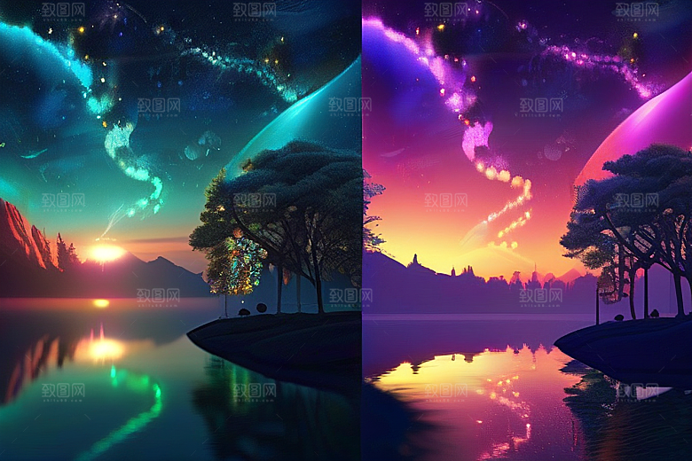 奇幻之景湖泊中的细腻描绘