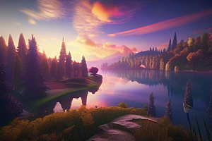 奇幻之景湖泊中的细腻描绘