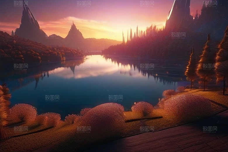 奇幻之景湖泊中的细腻描绘