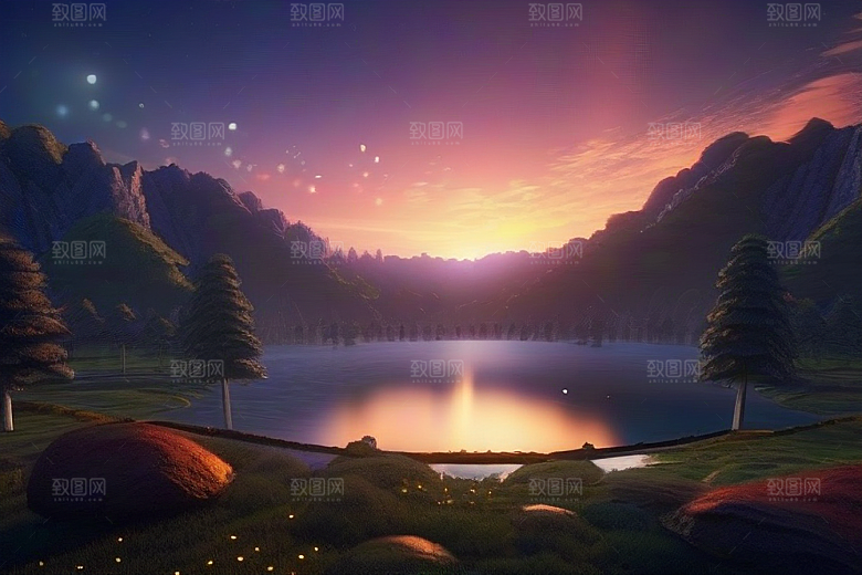 奇幻之景湖泊中的细腻描绘