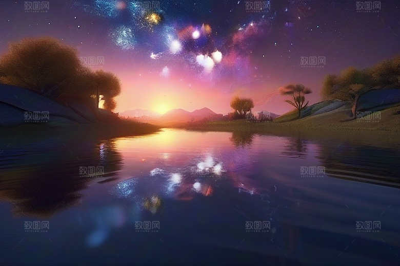梦幻湖光湖泊中的星空背景