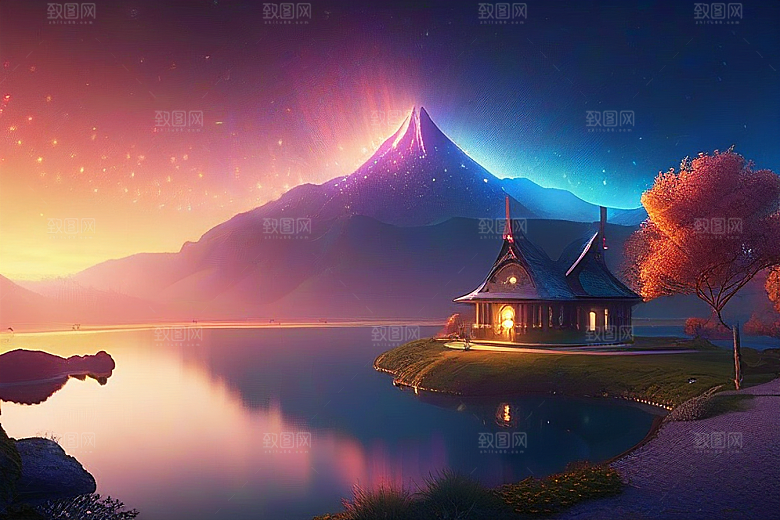 梦幻湖光湖泊中的星空背景