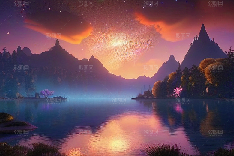 梦幻湖光湖泊中的星空背景