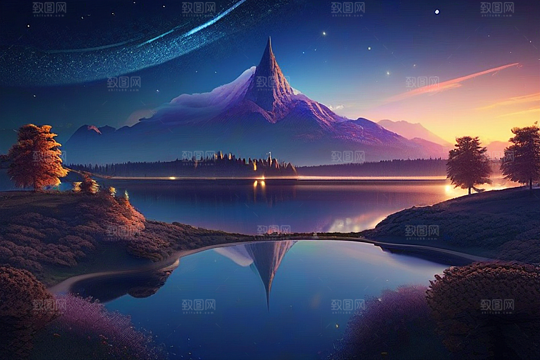 梦幻湖光湖泊中的星空背景