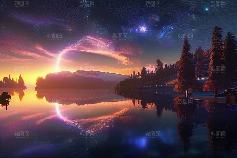 星空仙境湖泊中的超细节描绘