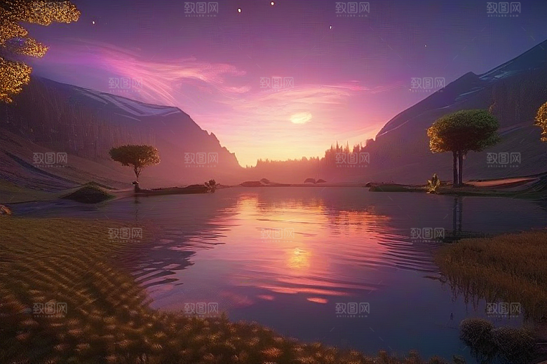 星空仙境湖泊中的超细节描绘