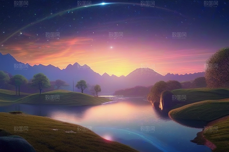 星空仙境湖泊中的超细节描绘