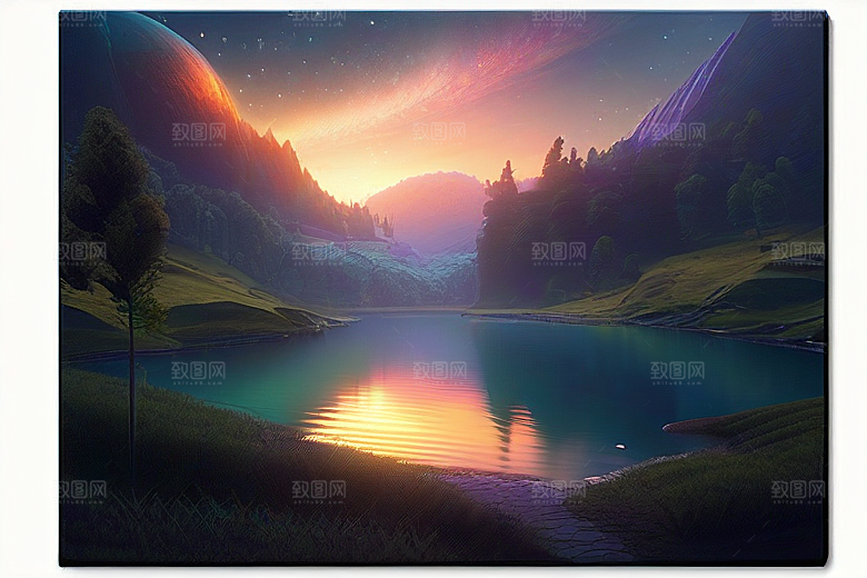 星空仙境湖泊中的超细节描绘