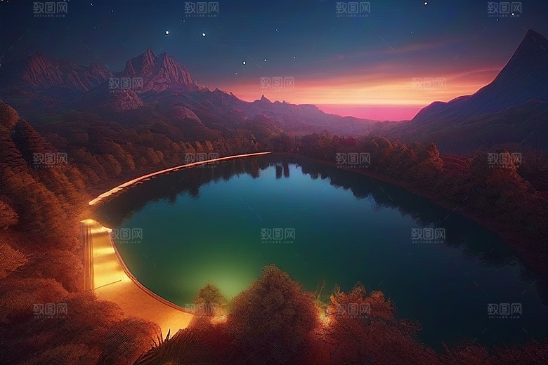 星空仙境湖泊中的超细节描绘