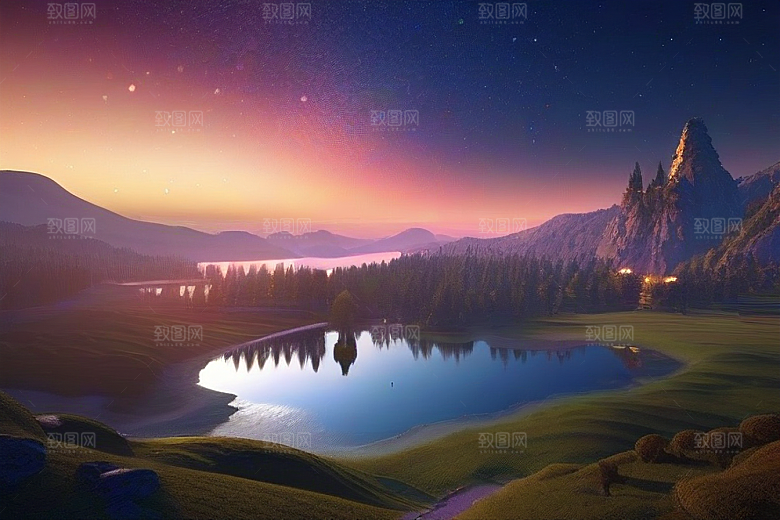 星空仙境湖泊中的超细节描绘