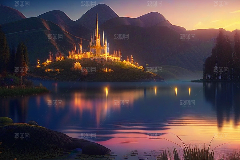星空仙境湖泊中的超细节描绘