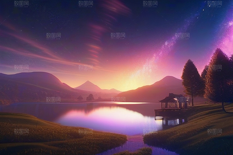 星空仙境湖泊中的超细节描绘