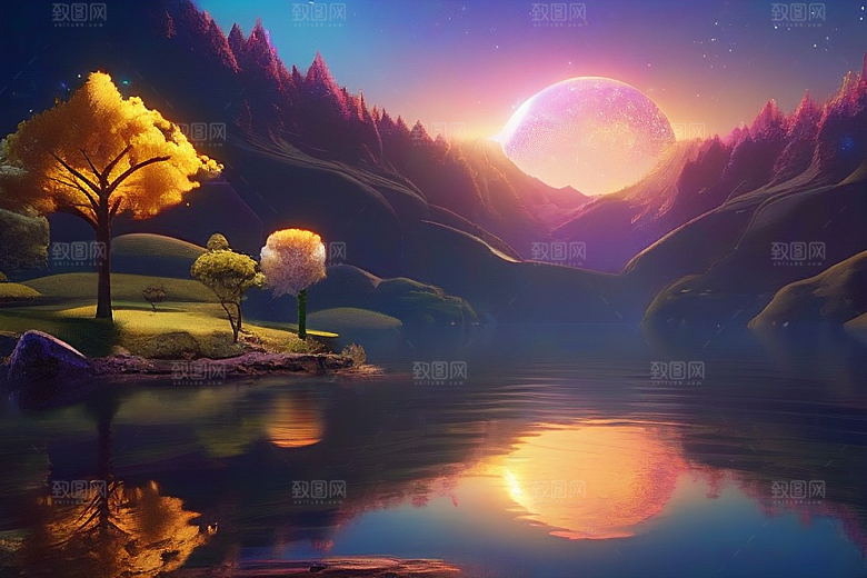 星空仙境湖泊中的超细节描绘