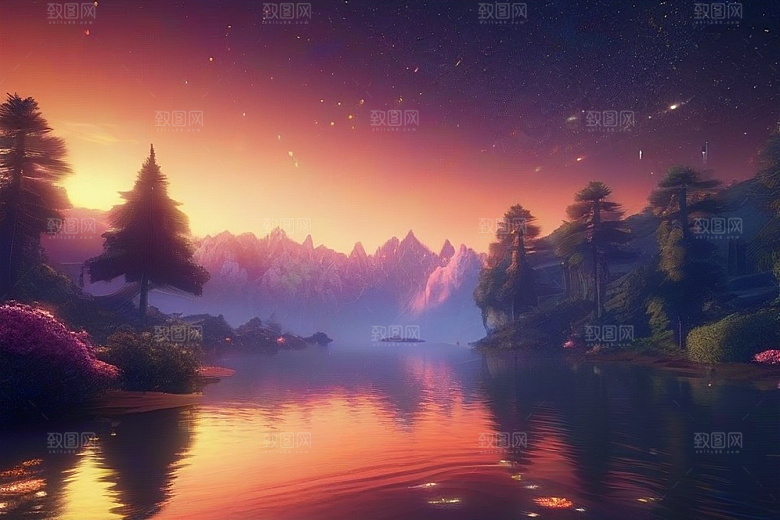 星空仙境湖泊中的超细节描绘