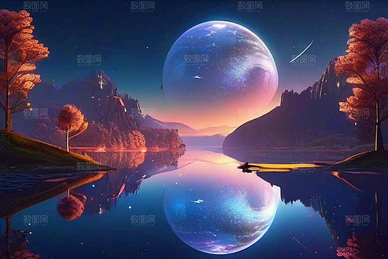 星空仙境湖泊中的超细节描绘