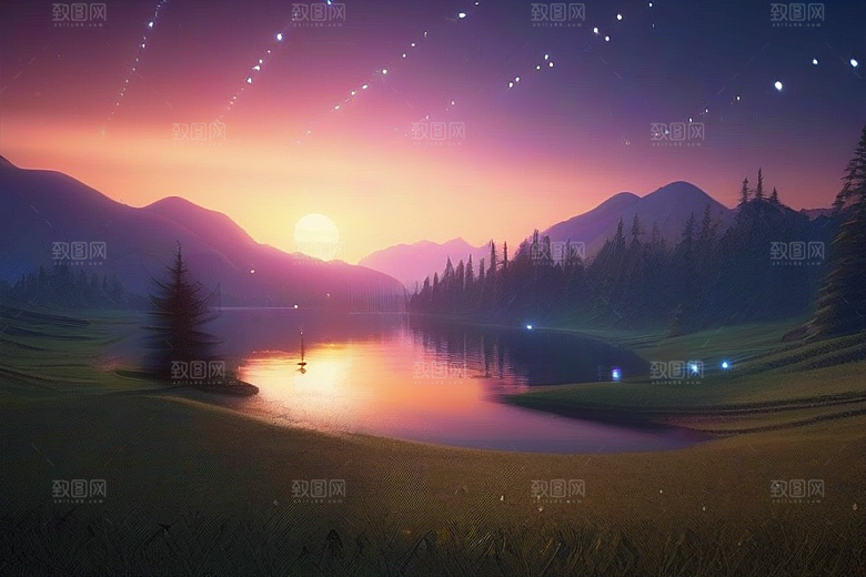 星空仙境湖泊中的超细节描绘