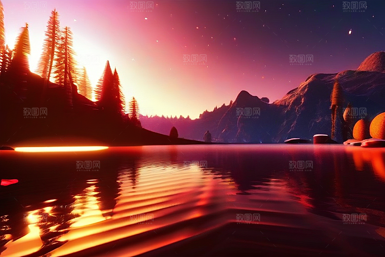 星空仙境湖泊中的超细节描绘