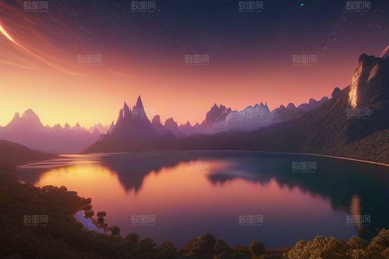 星空仙境湖泊中的超细节描绘