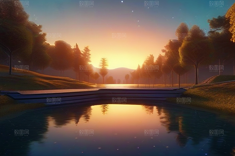 梦幻童话湖泊中的奇幻景色